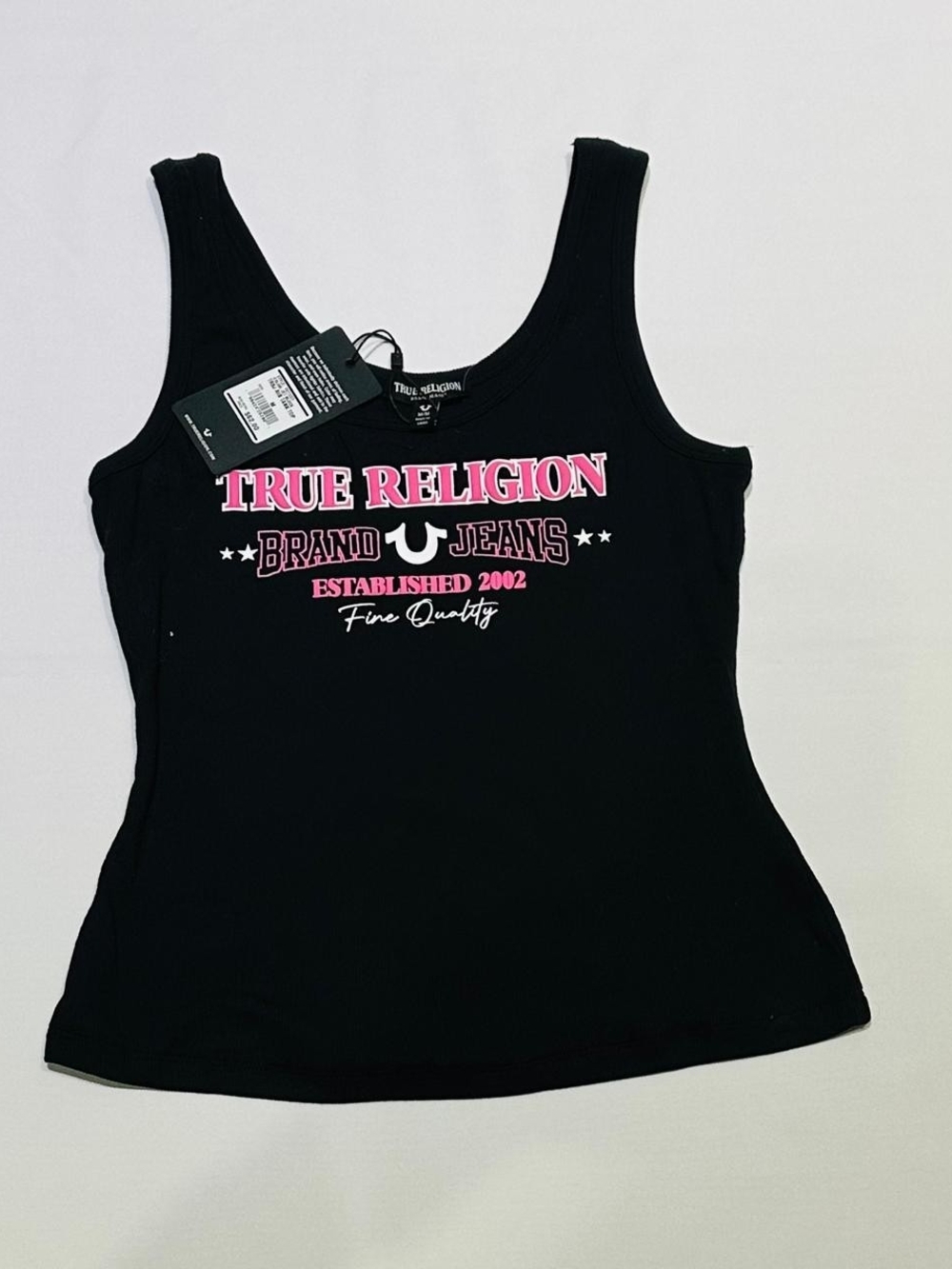 NWT True Religion Black Tank with Pink Logo Print